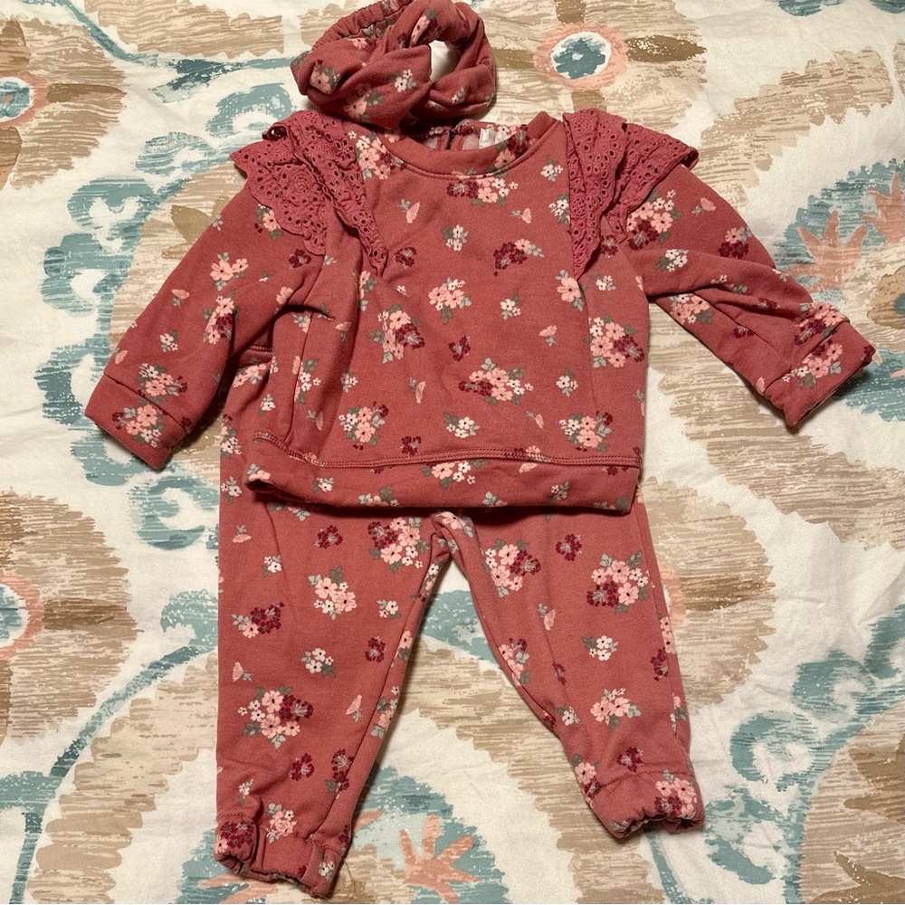 btween Pink Floral ruffle sweatshirt headband sweatpants 3-piece toddler 12 mo